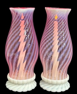 lot 45B image: Pair of Vintage Fenton Cranberry Opalescent Swirl Hurricane Lamps