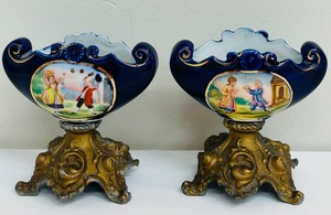 lot 110B image: Pair of 1800s Paddle Ball Painting Game French Sevres Porcelain Compotes