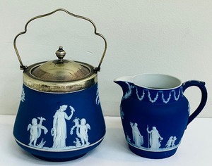 lot 104B image: Antique Wedgwood Dark Cobalt Blue Jasperware Pitcher and Vintage Wedgwood Dark Blue Jasperware Biscuit Barrel  Cookie Jar England