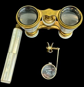 lot 120B image: Vintage 19th Century Mother-of-Pearl Opera Glasses and Clip-On Magnifying Glass