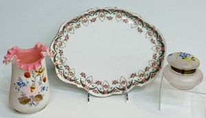 lot 68T image: Antique Limoges P&B 12 Plate, Antique Victorian Bohemian Hand Painted Enamel Violet Flower Satin Uranium Glass Vase and Victorian WhitePink Bristol Glass