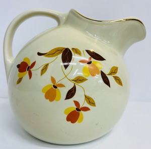 lot 65T image: Vintage Halls Superior Quality Kitchenware Stoneware Pitcher with Ice Lip Round Shape Autumn Leaf MCM Mid Century Brown Orange Cream