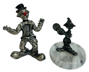 lot 99K image: Vintage Pewter Clown and Hobo Miniature Clown Figurine on Stone Paper Weight