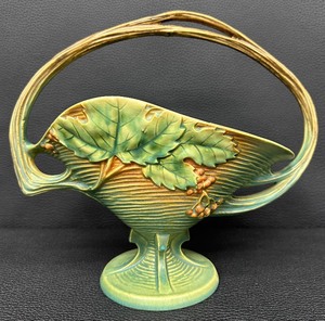 lot 23W image: Beautiful Antique Roseville Art Pottery Green Bushberry Basket - Circa 1940s