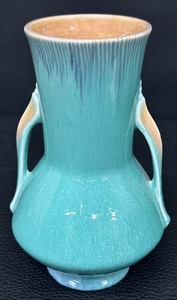 lot 80W image: Antique Roseville Art Pottery Orian Teal Art Deco Two Handled Vase - 736-8