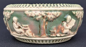lot 99W image: Antique Roseville Art Pottery Donatello Shallow Jardiniere Cherub Planter