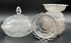 lot 24F image: Antique EAPG Flint Glass Bellflower Covered Candy Dish and Eight Rimmed SaucerDessert Dishes