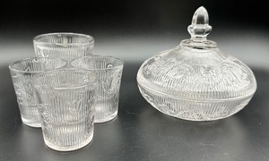 lot 70F image: Antique EAPG Flint Glass Bellflower Covered Candy Dish and Four Small Glasses