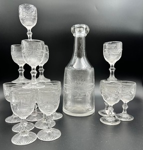 lot 12F image: Antique EAPG Flint Glass Bellflower Liquor Glasses and Rolled Lip Decanter