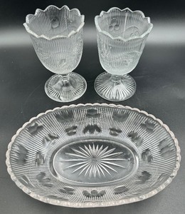 lot 42F image: Lovely Antique EAPG Flint Glass Oval Serving Dish and a Pair of Scallop Edged Vases