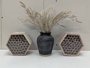 lot 33 image: 3 Piece Field Decor - 2 Bee Hive and 1 Faux Wheat Plant
