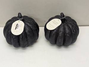 lot 20 image: Pair of Textured Black Glass Pumpkins