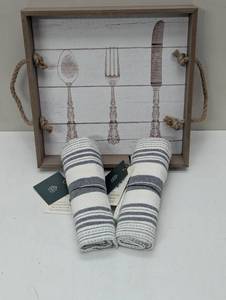 lot 29 image: 3 Piece - 2 Flour Sack Kitchen Towels with Mini Serving Tray