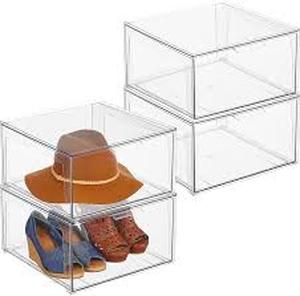 lot 65 image: Plastic Stackable Closet Storage Organizer Bin Containers with Front Pull Drawer for Cabinet, Desk, Shelf, Cupboard, or Dresser Organization - Lumiere Collection - 4 Pack - Clear