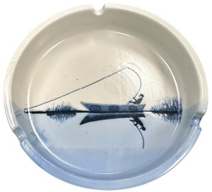 lot 256 image: Vintage - Man Fishing with Fish on Delft Style Ashtray 4.5