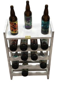 lot 360 image: White Refinished 16 bottle wine rack with 12 Vintage Beer Bottles Collection