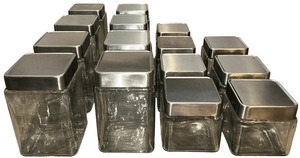 lot 338 image: Anchor Hocking - 15 Stackable Glass Square Jars w Metal Lids