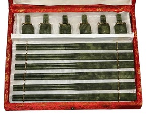 lot 335 image: Carved Jade Chopsticks with Chopstick Rests in Red Velvet Carrying Case (6 pairs)