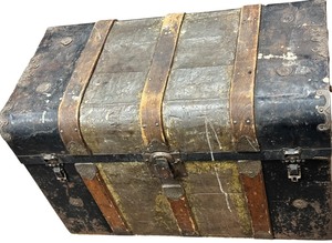 lot 465 image: Antique Leather and Wood Steamer TrunkChest with Original Wheels