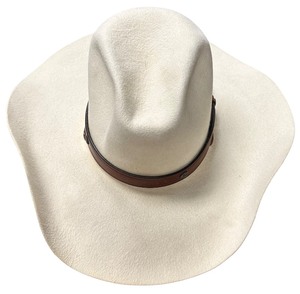 lot 421 image: Vintage Cream Colored Cowboy Hat with Brown Belt Trim, Size 7