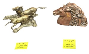 lot 136 image: Antique  Heavy Brass Running Horses Statue and Solid Copper Horse Head Statue , Weight in Photos