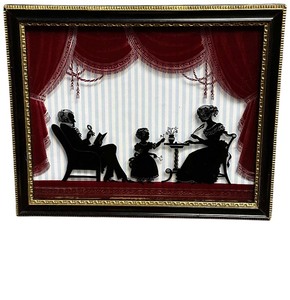 lot 640 image: (19th20th) Victorian family Silhouette Painting, Bundle of 2 Different Scenes With Frames