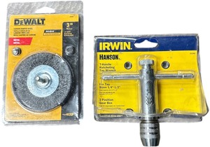 lot 586 image: DEWALT 3-inch carbon crimped wire wheel, IRWIN T-Handle Ratcheting Tap Wrench