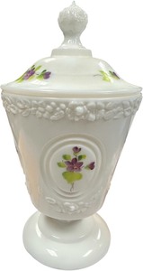 lot 057 image: Vintage Fenton Pedestal White Lidded Candy Dish, signed by Martha R.