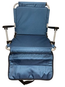 lot 074 image: Folding Blue Stadium Chair with Armrests, Carrying Strap, and Spring-Loaded Hooks BRAND NEW