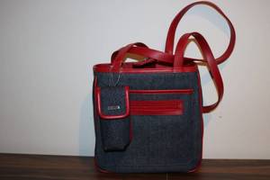 lot 606 image: new red and denim purse...