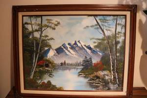 lot 713 image: Framed mountain canvas painting 29i...