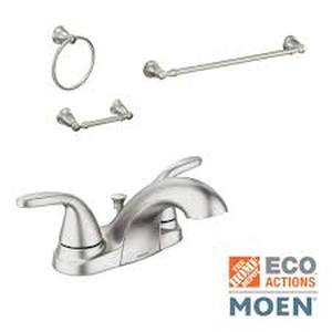 lot 23 image: MOEN Adler 4 in. Centerset 2-Handle Bath Faucet with 3-Piece Hardware Set in Spot Resist Brushed Nickel (24 in. Towel Bar)  Customer Returns See Pictures