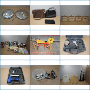 lot 279A image: Large Assortment - Hub Caps, Tools, Leather Purse, Vintage Spring Horse