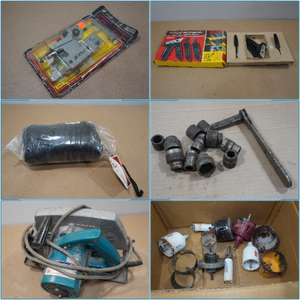lot 184A image: Assorted Tools -Multi-Purpose Cutter Tool, Pillow, EFCO Sharpener, Hex Drive Sockets, Makita Saw