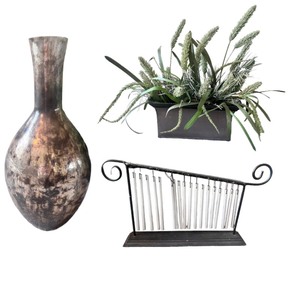 lot 20 image: Silver Vase, Decorative Faux Greenery & Tabletop Chimes