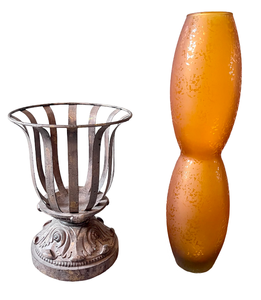 lot 32 image: Metal Indoor Garden Urn & Orange Art Glass Vase