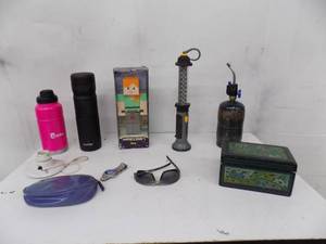 lot 26 image: Lot of Water Bottles, Light, Sewing Kit, Watch, Sunglasses, Wooden Box, Torch