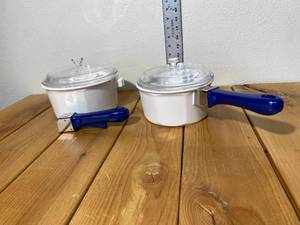 lot 19-B2025 image: 2 Vintage Princess House Ceramic Stoneware Stovetop to Oven Pots with Removable Blue Handles