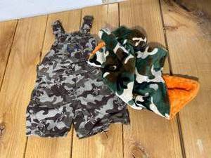 lot 47-B2025 image: New Size 6-Month Osh-Kosh Camo Bibs and New Camo Velvety Security Blanket