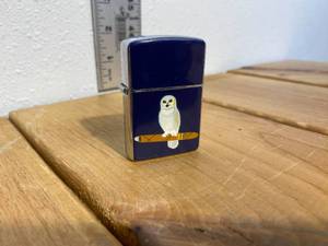 lot 26-B2025 image: Vintage Very Good Condition, Working Blue Enamel White Owl Cigars Zippo Style Lighter