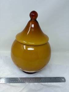 lot 65-B2025 image: RARE Vintage MCM Empoli Apothecary Cookie Jar Butterscotch Amber Blown Glass Italy Perfect Condition