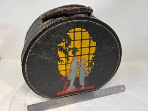 lot 67-B2025 image: Antique Leather Smaller (12) Hat Case  Travel Case with Painted Graphic
