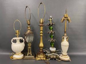lot 20Z image: Vintage Table Lamps Set of 5 Ceramic Brass Glass