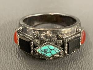 lot 2R image: Vintage Silver Ring with Turquoise, Carnelian, Black Stones