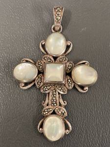lot 3R image: Large Statement Sterling Silver Marcasite Mother of Pearl Cross Pendant