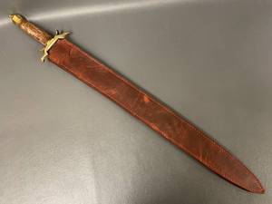 lot 6N image: Antler Handle Knife with Leather Sheath, Brass