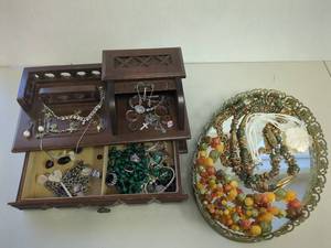 lot 23E image: Vintage Jewelry Lot with Wooden Box Collection, Rocks and Some Silver Pieces