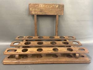 lot 27T image: Antique Wooden Winchester Flashlight Display Rack