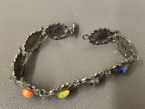 lot 30R image: Vintage Multi Color Cabochon Sterling Silver Linked Bracelet 7