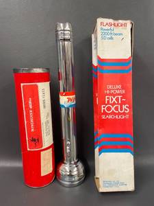 lot 34T image: Lot Winchester Deluxe Hi-Power Fixt-Focus Flashlight & Set of Repro Calendar Prints